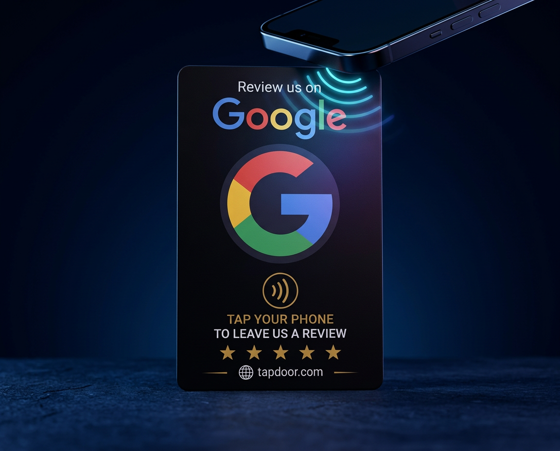 A smartphone tapping the TAPDOOR card with a glowing NFC connection